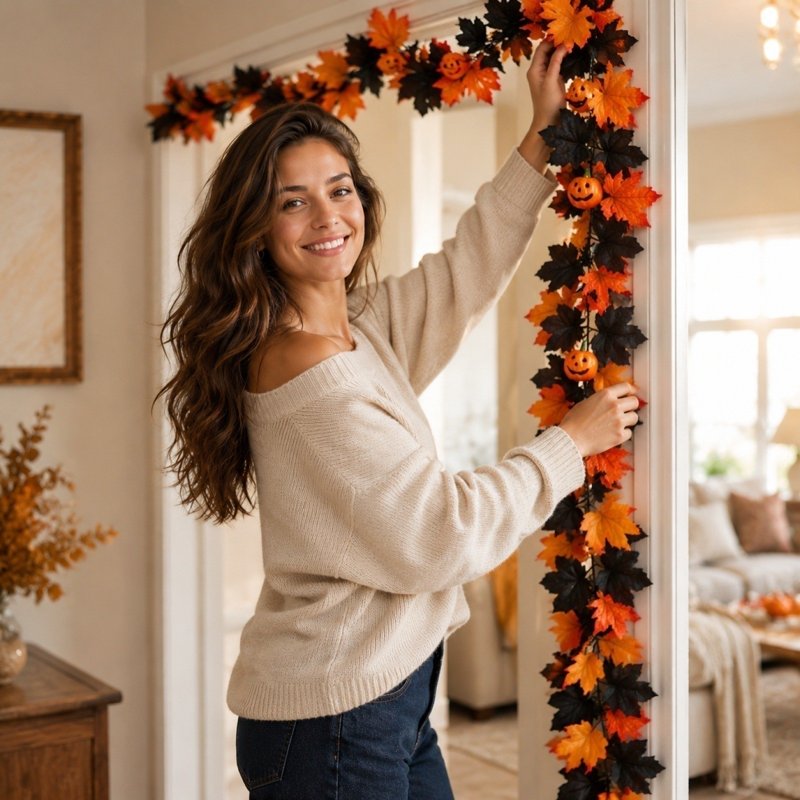 Halloween Artificial Maple Leaf Garland - Black F, 79-Inch Fall Decor with Pumpkins & Spiders