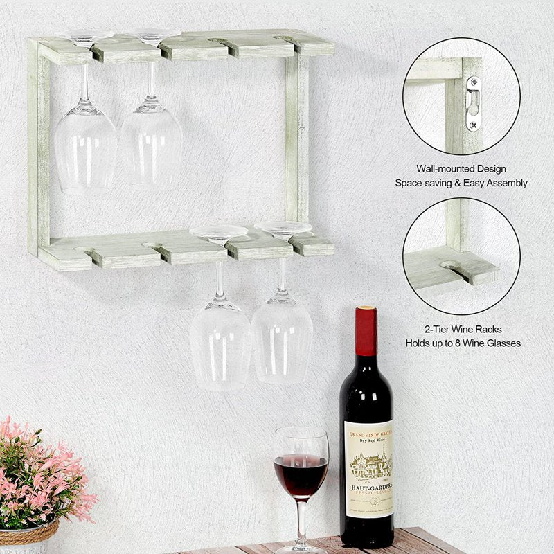 2-Tier Wall Mounted Wood Wine Glass Holder Rack - Gray Green