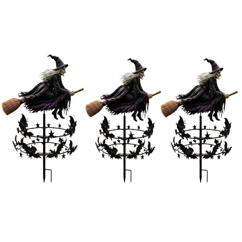 Enchanted Witch Garden Wind Spinner Set - Halloween Metal Yard Decor, 3 Pieces