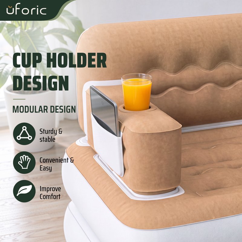 Queen Size 2-in-1 Inflatable Air Sofa Bed with Wave Headboard & Cup Holders - Khaki, Style4