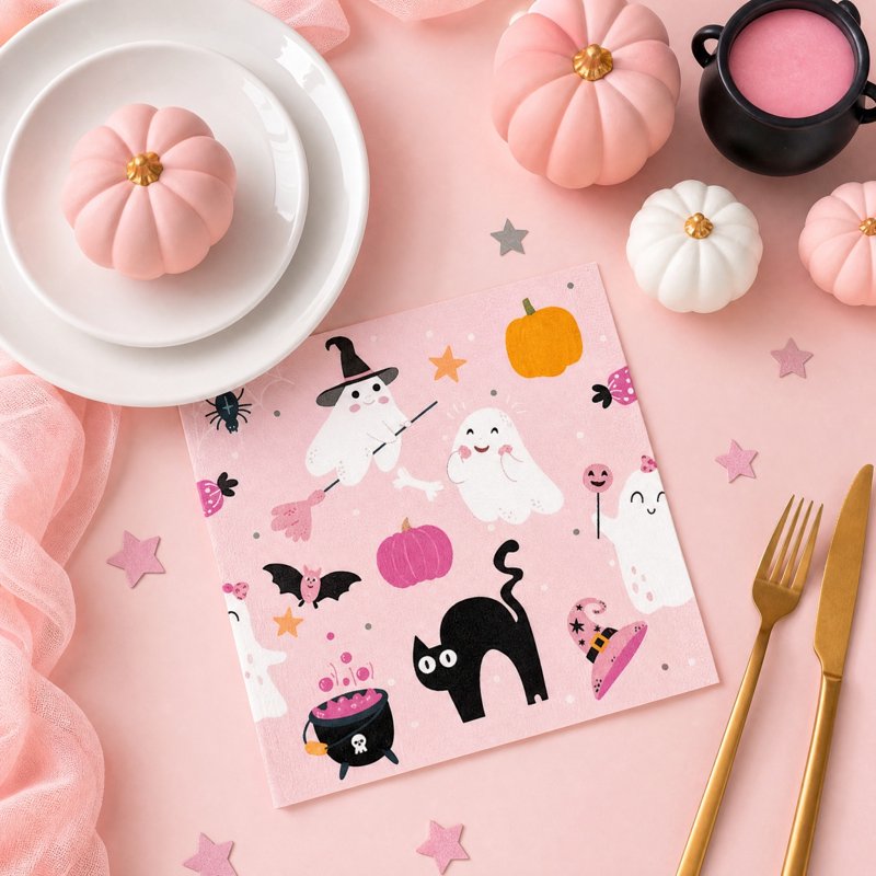 Pink Halloween Paper Napkins 20 Pack - Disposable Ghost Party Tableware