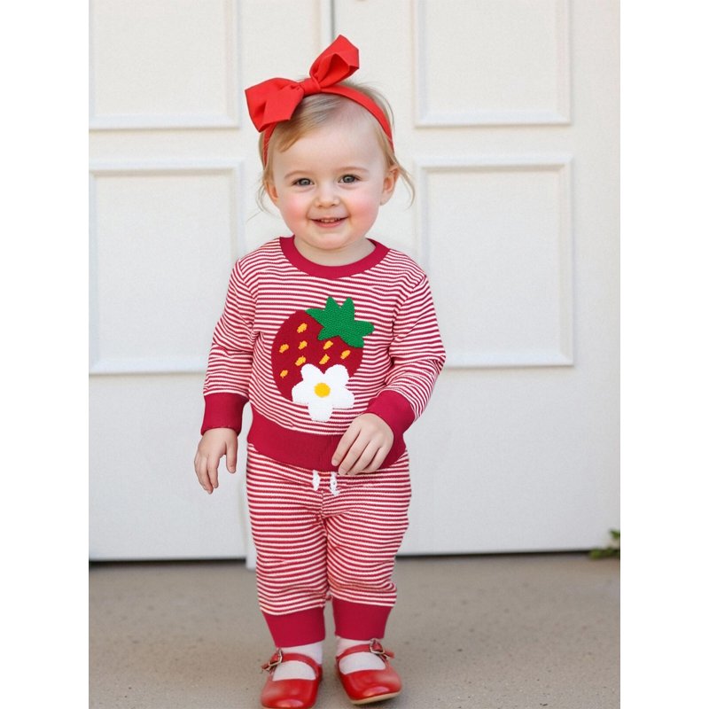 Toddler Girls Autumn Pants Outfit Set - Strawberry Embroidery, Long Sleeve Tops & Striped Pants, Style 1, 6-12 Months