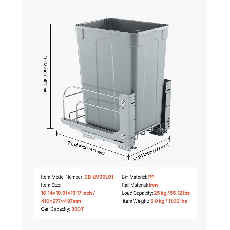 35 QT Pull-Out Trash Can for Kitchen Cabinets - Soft-Close