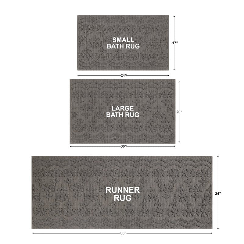 Floral Block Scallop Bath Runner Rug Set Charcoal Grey 24x60 - Cotton, Non-Slip