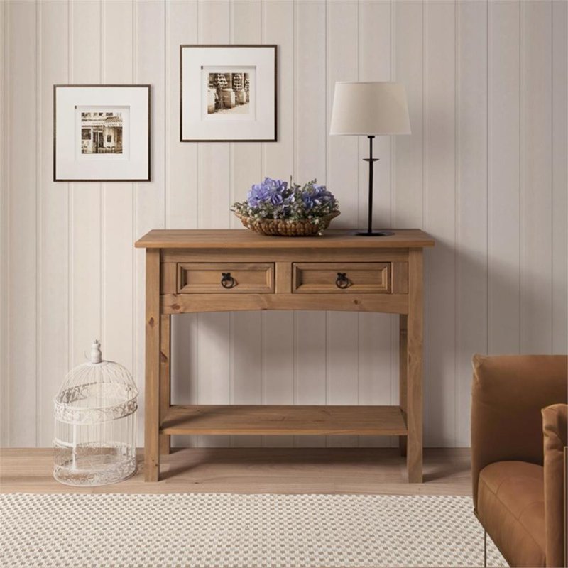 Solid Pine Hall Table with Antique Honey Brown Finish