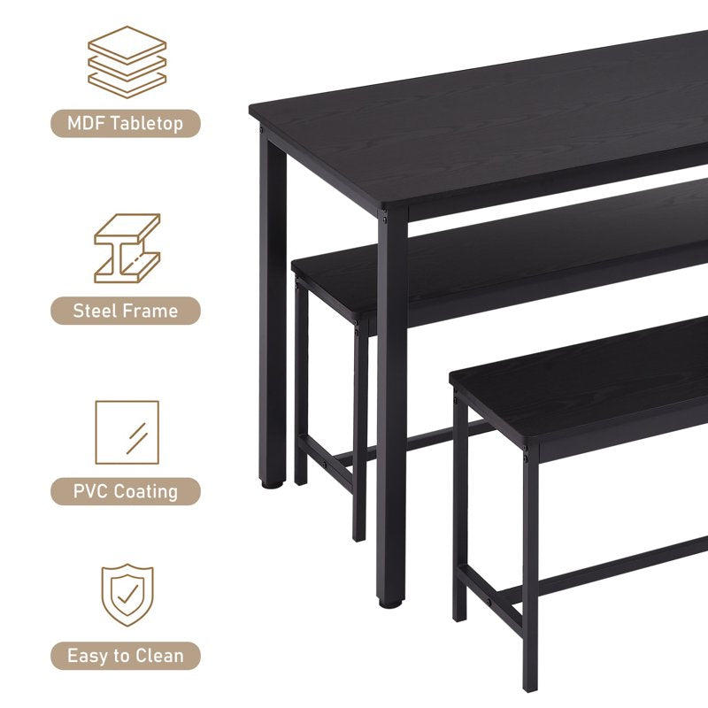 Dining Table Set for 4 with 2 Benches - Black