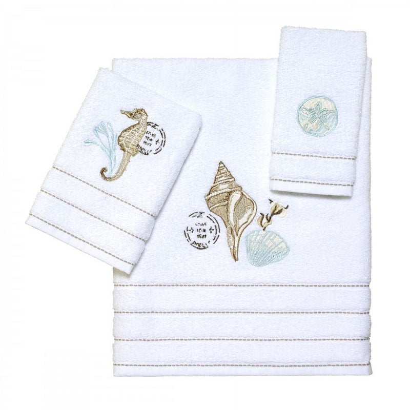 Farmhouse Shell Fingertip Towel - 100% Cotton, Light Blue & Beige