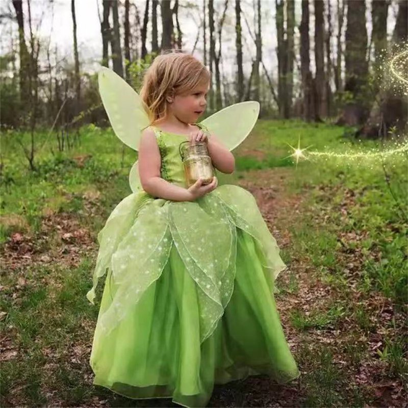 Girls Fairy Costume Dress with Wings & Accessories, 7-8 Years - Green Princess Outfit for Halloween & Party