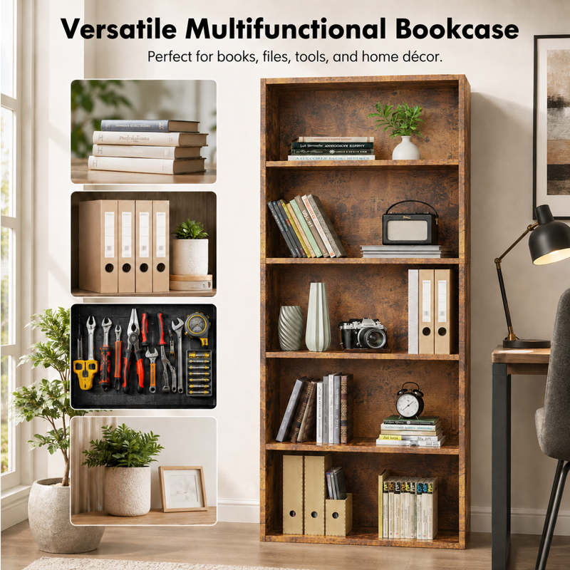 5-Tier & 6-Tier Rustic Industrial Bookshelves - Customizable Storage