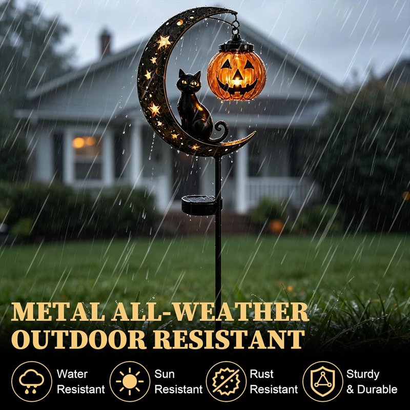 Solar Halloween Black Cat & Pumpkin Moon Garden Stake Light - Waterproof Metal Yard Decor - Variation B