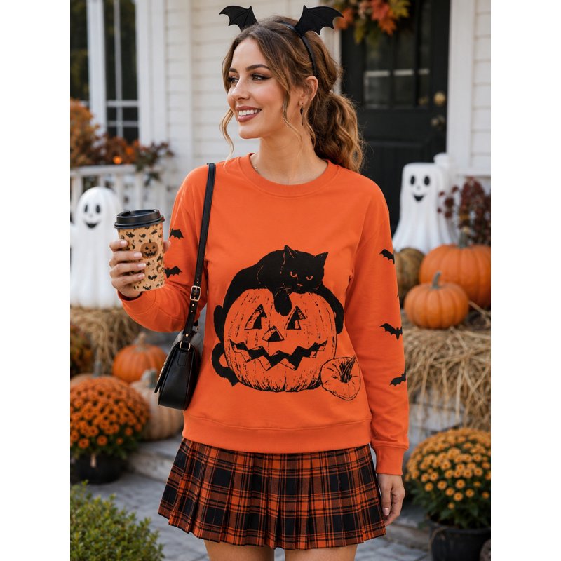 Orange Halloween Sweatshirt for Women Black Cat Pumpkin Graphic Crew Neck Long Sleeve XL