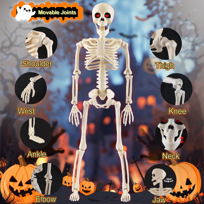 Posable Plastic Skeleton Decorations - 4 Pack, 16 Inch Halloween Props for Haunted Houses & Yard Decor