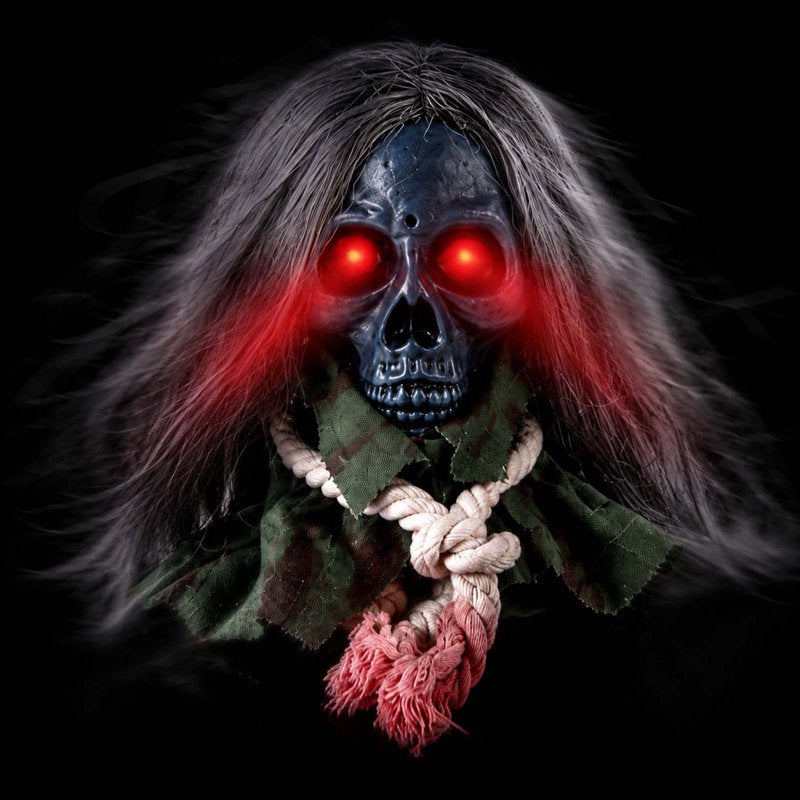 Halloween Moving Skull Head Prop with Long Hair, Creepy Hanging Skeleton Decor - Blue Variation