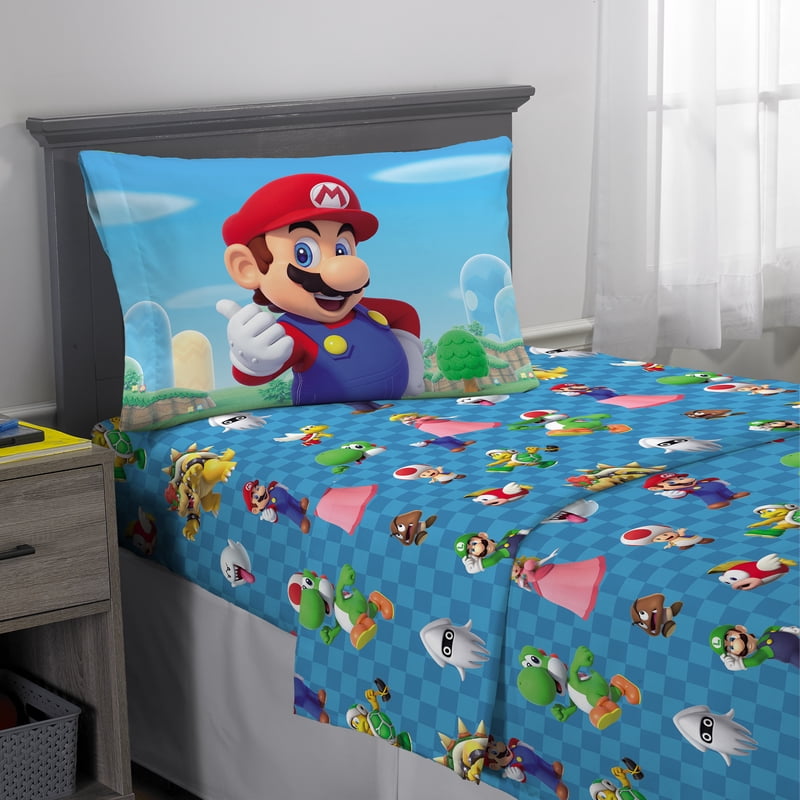 Super Mario Kids Full 4-Piece Blue Sheet Set - Microfiber Bedding
