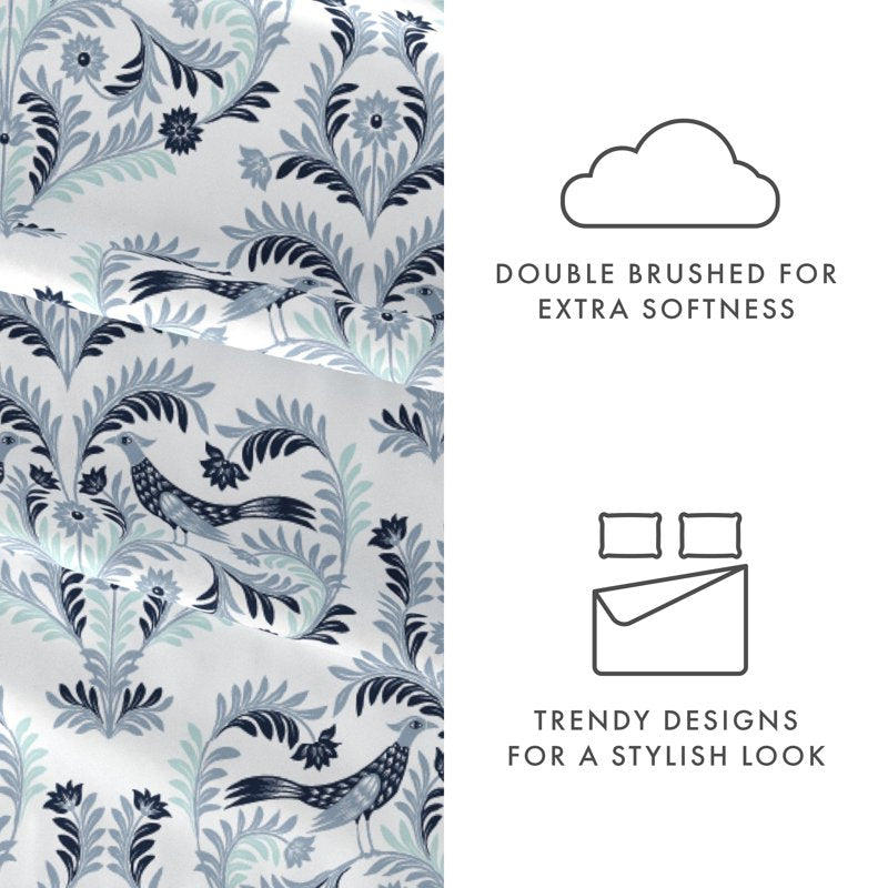 Queen Microfiber Bed Sheets Set with Floral Pattern - Navy Garden Estate