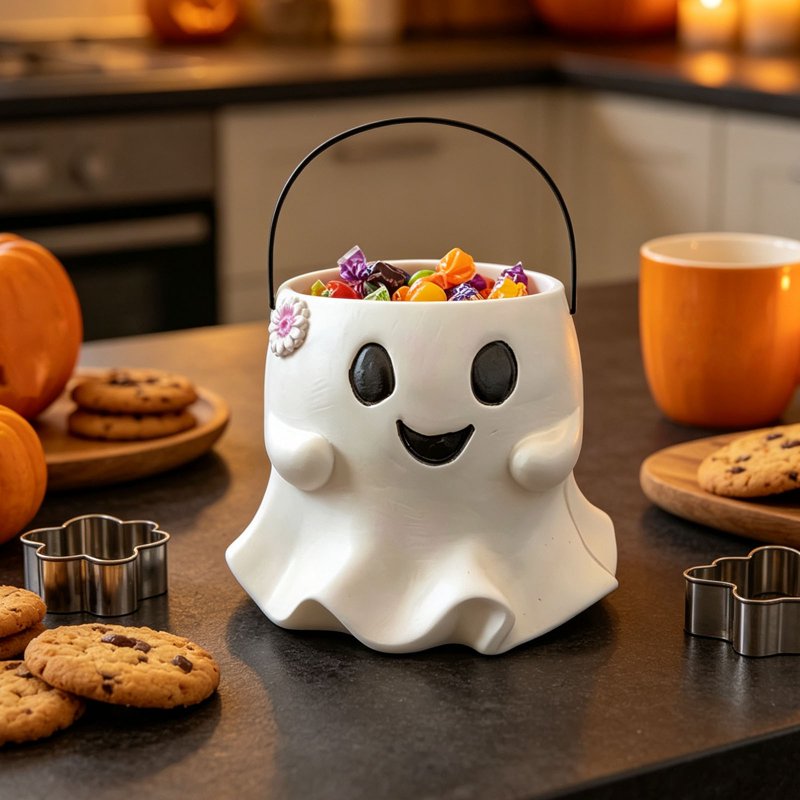 Halloween Ghost Candy Bucket - Cute Resin Treat Container with Handle - Variation #024
