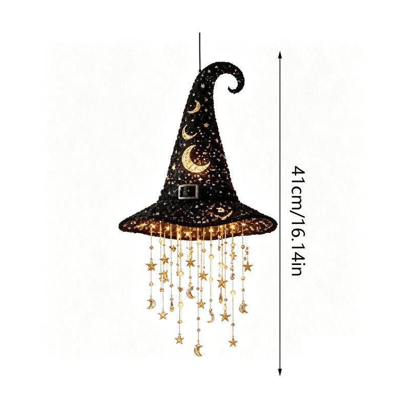 Lighted Witch Hat Hanging Decor - Moon Variation with Star Garland, Warm LED, Black Mesh, Halloween Outdoor Indoor