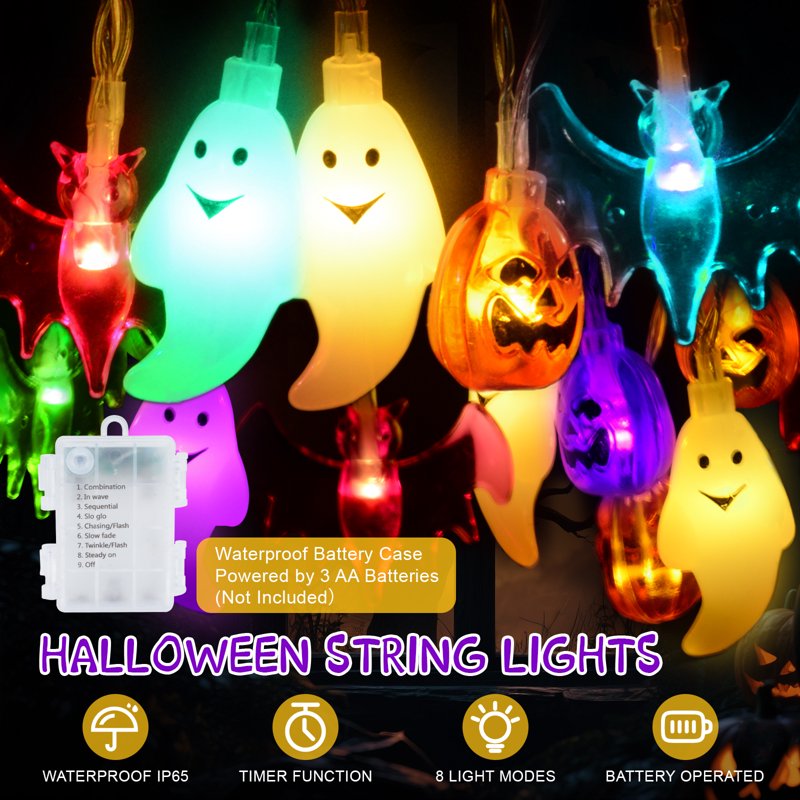 Outdoor Indoor Halloween String Lights with 30 LED 3D Pumpkin Bat Ghost Waterproof 8 Modes