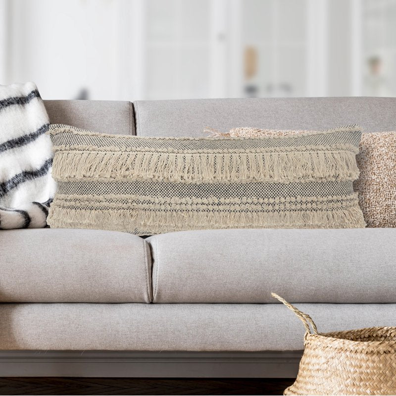14x36 Inch Black and Natural Cotton Striped Fringed Lumbar Pillow - Handmade Decor