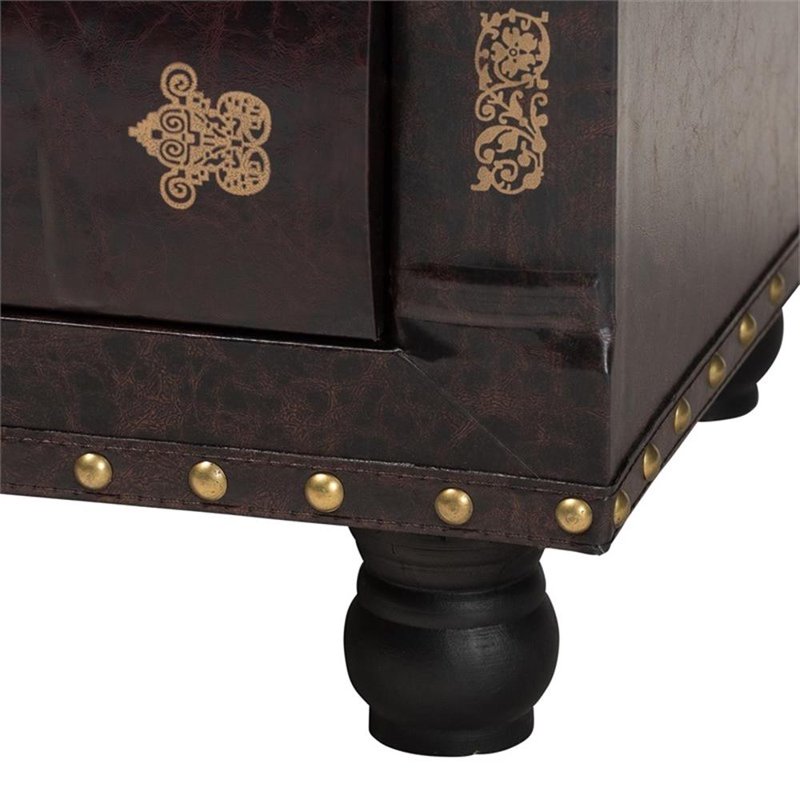 Rustic Faux Leather Storage Ottoman with Book Spine Drawer