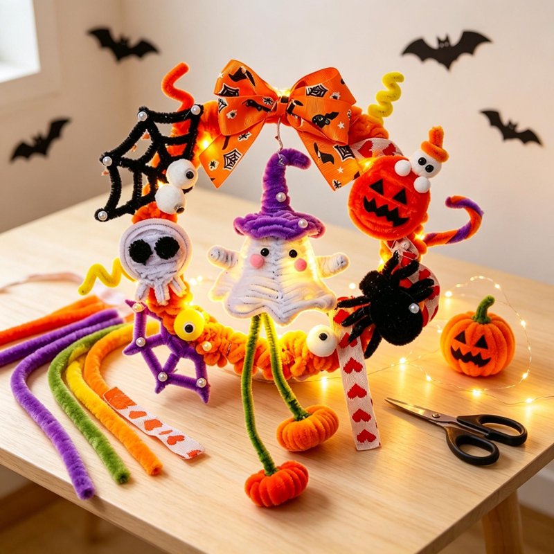 Halloween Wreath with Orange LED Pumpkin and Ghost - Front Door Decor - Variation of THIS listing