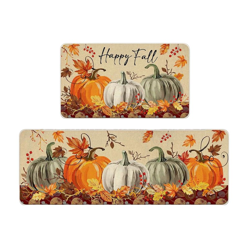Halloween Kitchen Mats Set - Orange Pumpkin Non-Slip Rug for Floor Decor, 2 Pieces