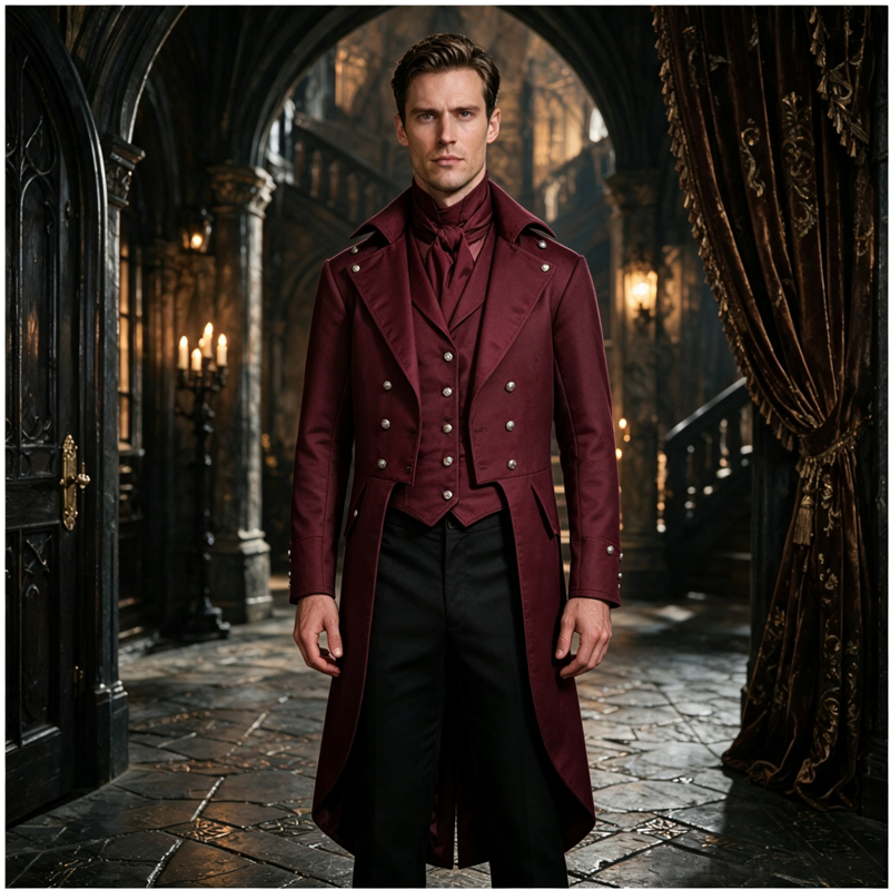 Men's Gothic Tailcoat Jacket Vintage Steampunk Pirate Costume S-Wine 4XL