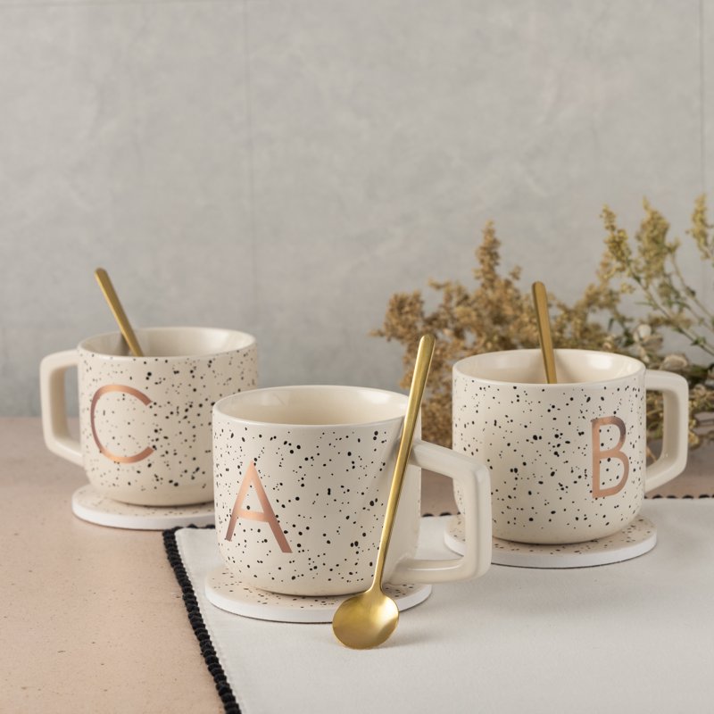 Monogram A Stoneware Coffee Mug Set with Coaster & Stir Spoon