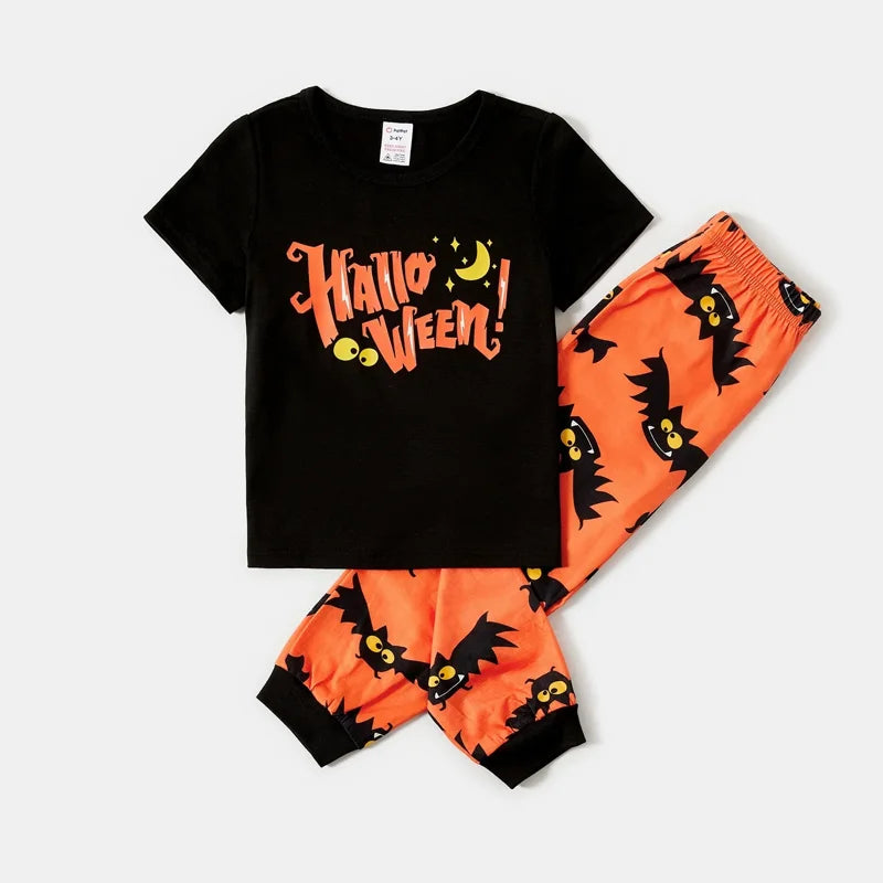 Halloween Kids Pajamas Set Bat & Letter Print Short Sleeve Family Matching Pajamas 8-9Y - Black & Orange