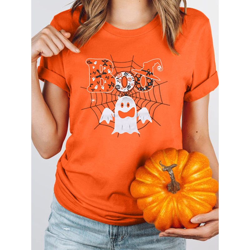 Women Halloween Boo T-Shirt Orange M Ghost Pumpkin Spider Graphic Crew Neck