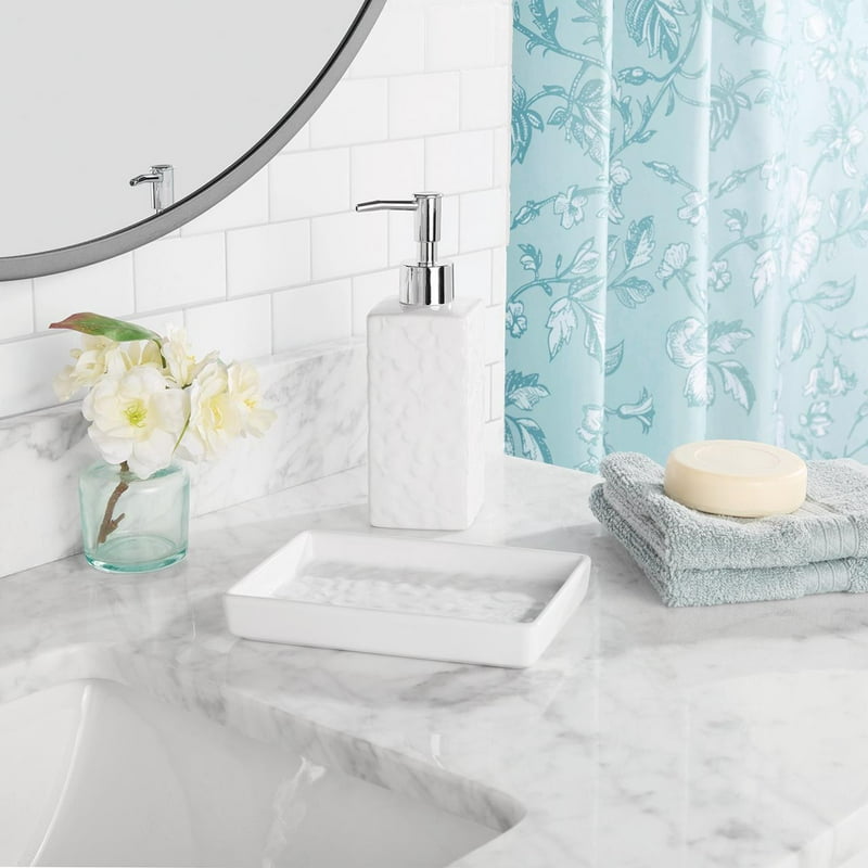 Blue Floral Shower Curtain Bathroom Set with Rug, Hooks, Soap Dispenser & Tray