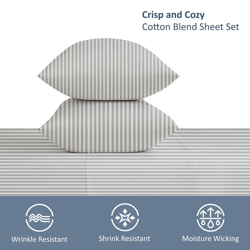 King Silver Stripe Cotton Blend Percale Pillowcase Set - Easy Care 2-Piece