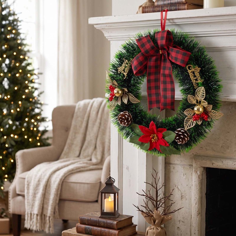Christmas Wreath for Front Door Indoor Outdoor Decor - Farmhouse Holiday Garlands - 008 Variation