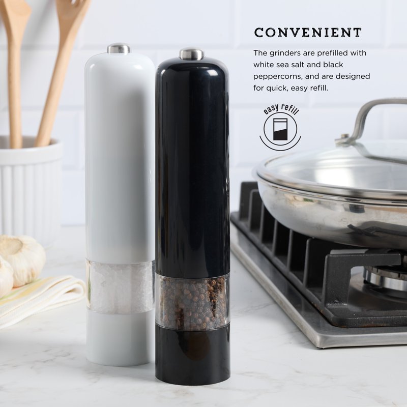 Battery Operated Salt & Pepper Grinder Set - 2 Pack, Black & White