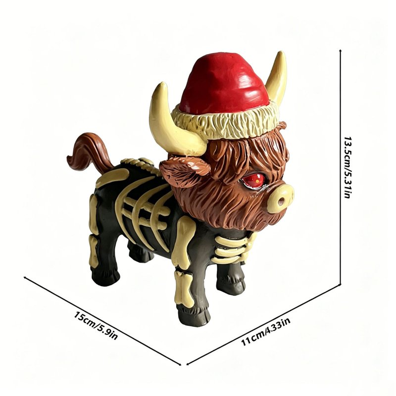 Halloween Cow Resin Figurine with Santa Hat - Skeleton Highland Cow Desktop Sculpture - 25# Halloween Variant