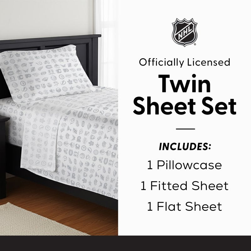 NHL Multi Team Puck Stop Twin Sheet Set - Team Logo Bedding, Twin, Puck Stop Variation