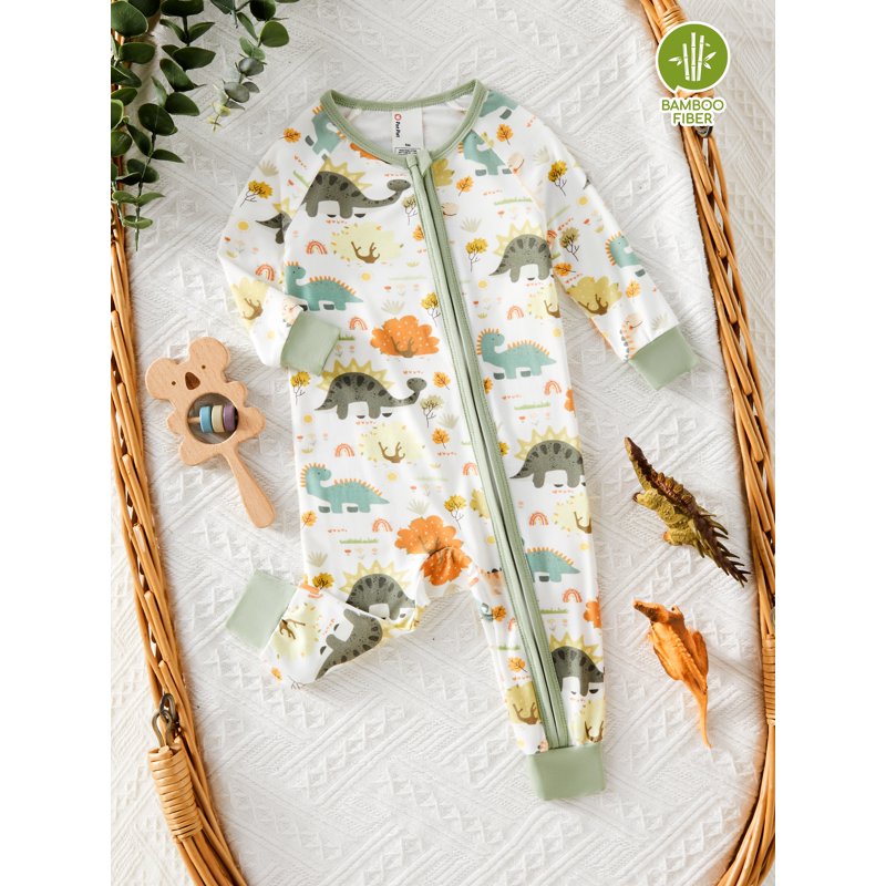 Dinosaur Green Baby Pajamas with Bamboo Viscose Footless Sleep N Play Set - 0-3 Months