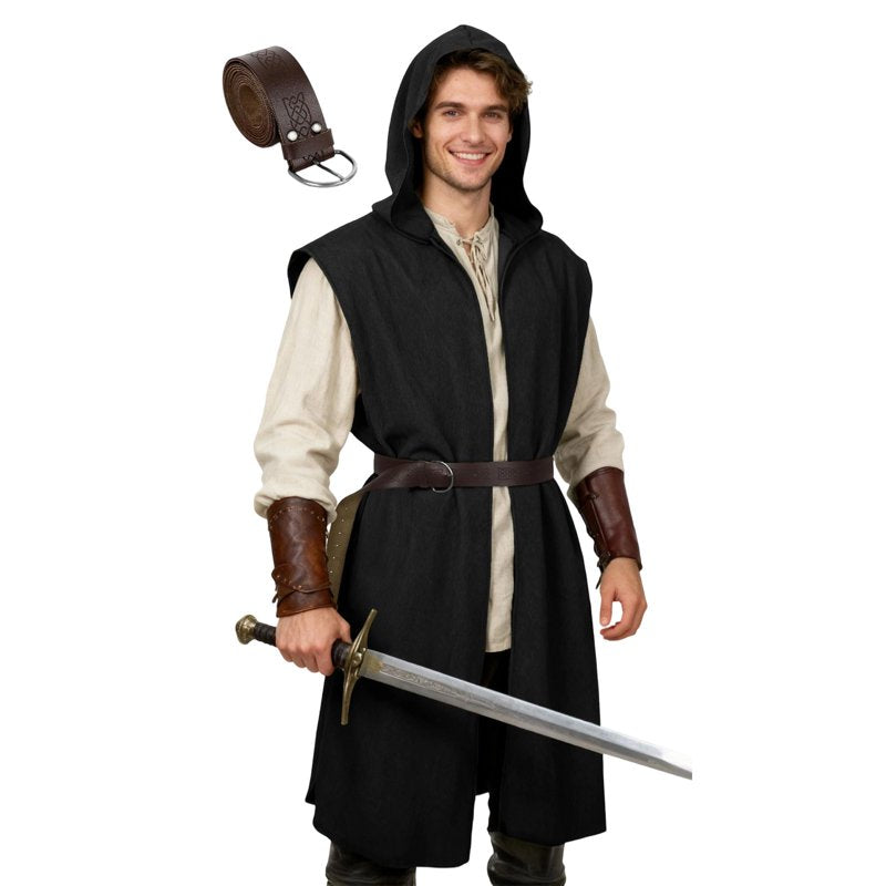 Men's Medieval Viking Costume Set Black XL - Hooded Sleeveless Robe with Belt for Halloween
