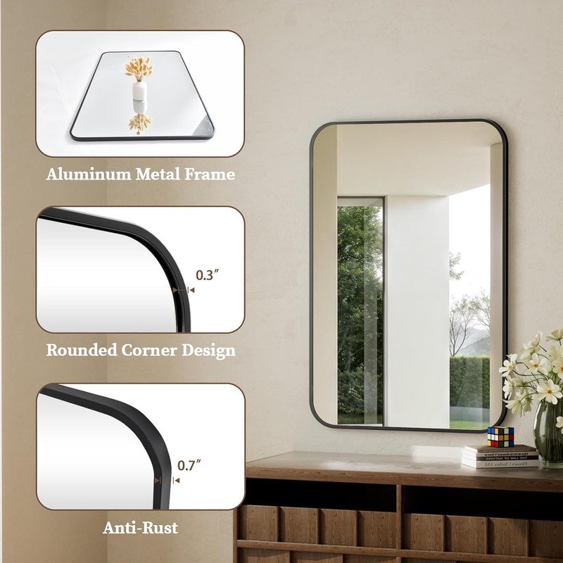 Bathroom Mirror 26x38 Inch Wall Mounted Rounded Edge Vanity Mirror Black - Clarvion