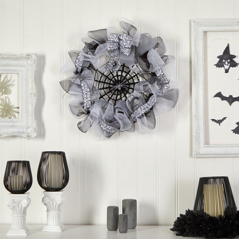 Halloween Spider Web Mesh Wreath 26 Inch Decorative Door Wall Decor