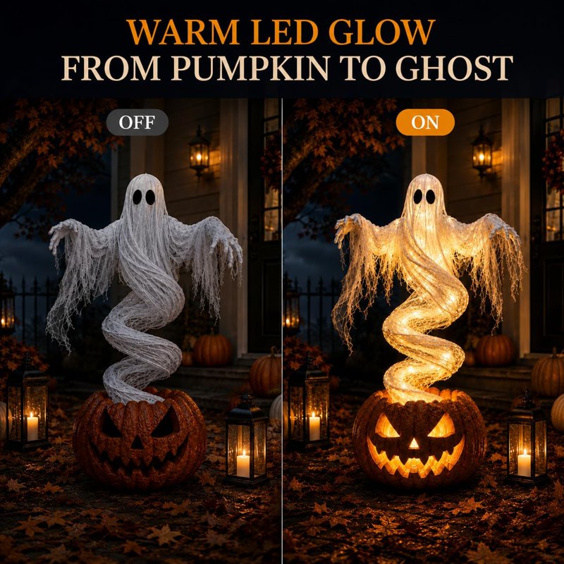 Swirling Ghost Pumpkin Yard Lamp - Outdoor Rotating Porch Decoration - Variation 1