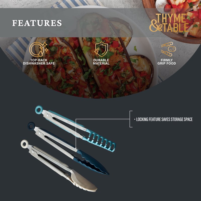 3-Piece Heat Resistant Silicone Locking Tongs Set