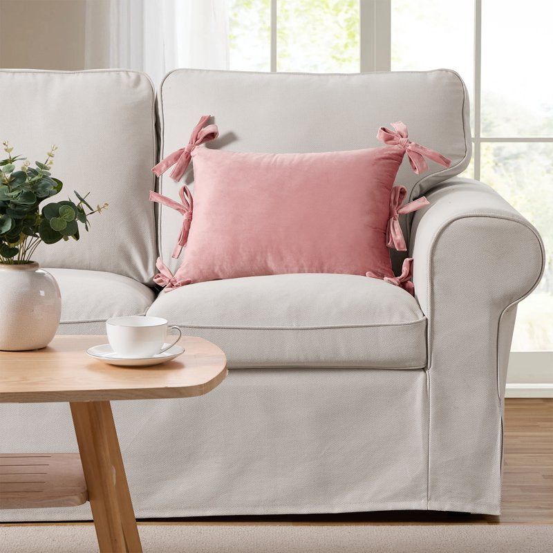Blush Pink Velvet Bow Oblong Decorative Pillow - 14x20 Home Decor