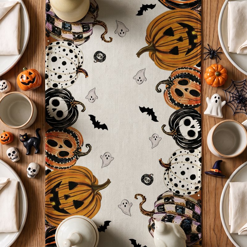 Mexican Skull Pumpkin Halloween Table Runner - Day of the Dead Decor 13x72 Inch B