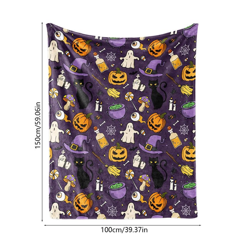 Halloween Fleece Throw Blanket - Purple Ghost Pumpkin Print, 39x51 Inch, Cozy Flannel for Sofa Couch Bed & Office - Variation #26