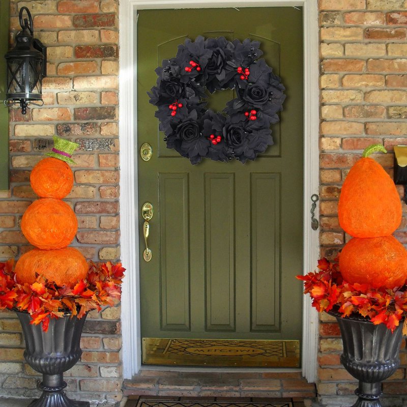 Halloween Wreath with Bats and Skulls - 17 Inch Black and Purple Gothic Decor with Berry Variation