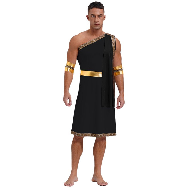 Men's Ancient Greek Toga Costume - Roman Caesar Cosplay Halloween Set - Black XL