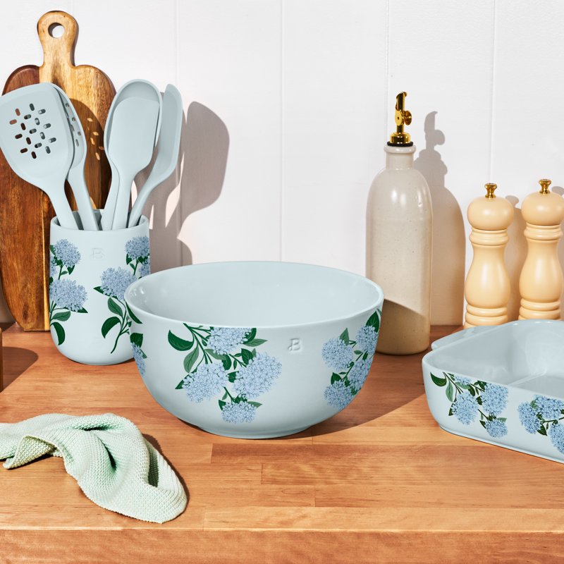 6-Piece Silicone Kitchen Tool Set with Ceramic Crock - Hydrangea Floral