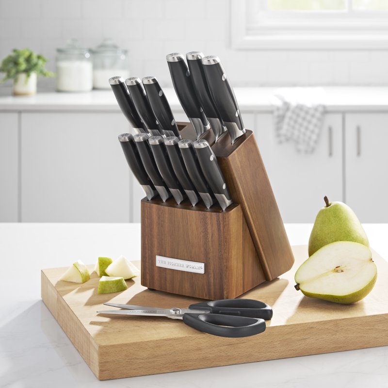 14-Piece Stainless Steel Knife Block Set with Acacia Wood - Black