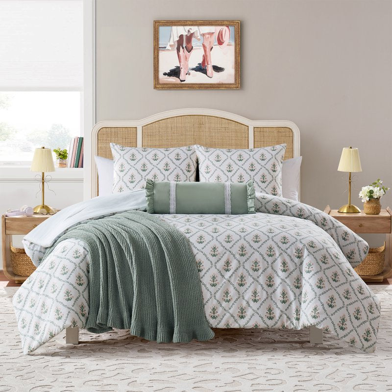King My Texas House Poppy Trellis Comforter Set - Green and Pink Reversible Bedding